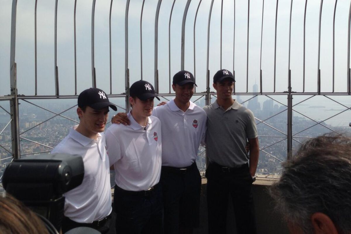 Top prospects (l-r) Jonathan Drouin, Nathan MacKinnon, Seth Jones and Darnell Nurse at the Empire State Building top deck on Thursday, June 27, 2013.