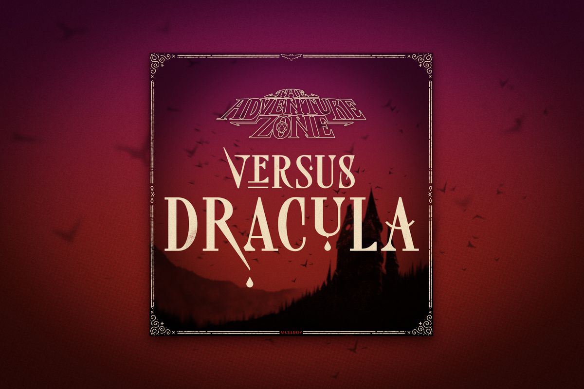 An illustration of a red and pink gradient sky. In the foreground is a shadowed castle on a hill with a swarm of bats flying from the castle to the opposite corner. In the center of the image in off white it says, “Versus Dracula” inside an ornate border. There are drops of blood dripping off some of the letters. The top center of the border is a line-art bat. The bottom center of the border says “MCELROY” in dark red.