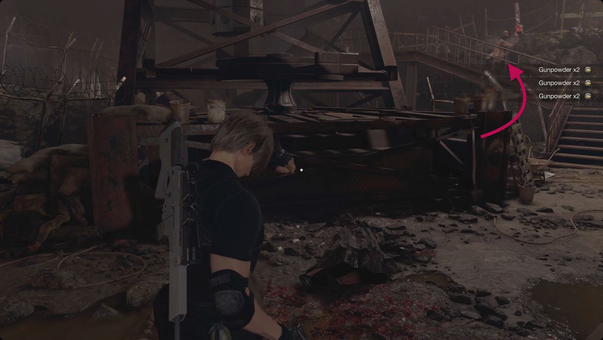 Resident Evil 4&nbsp;remake&nbsp;Leon taking a break and wiping his brow while a chainsaw sister runs down the stairs in the distance