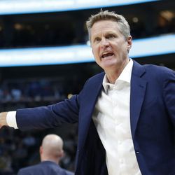 Golden State Warriors head coach Steve Kerr shouts in the direction of an official in the first half during an NBA basketball game against the Utah Jazz Tuesday, Jan. 30, 2018, in Salt Lake City.