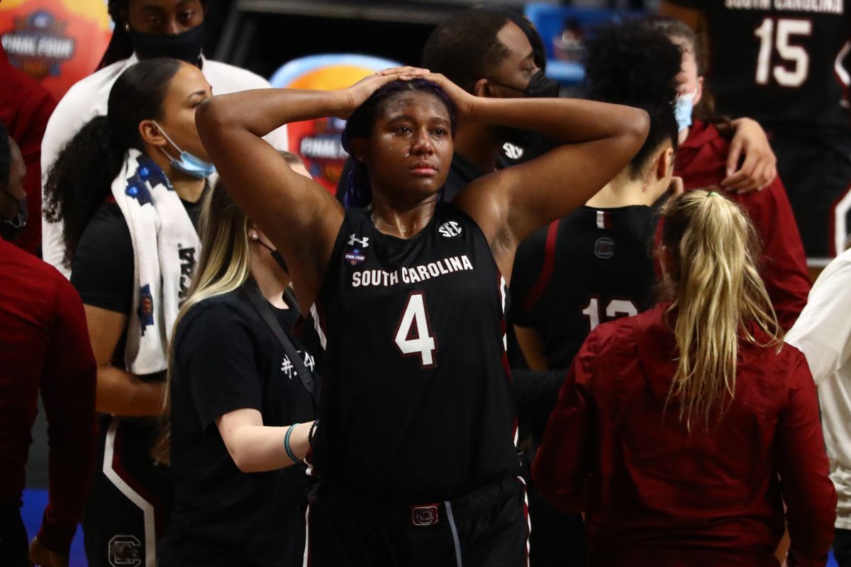 Aliyah Boston #4 of the South Carolina Gamecocks reacts following the defeat against the Stanford Cardinal in the semifinals of the NCAA Women’s Basketball Tournament at Alamodome on April 2, 2021 in San Antonio, Texas.