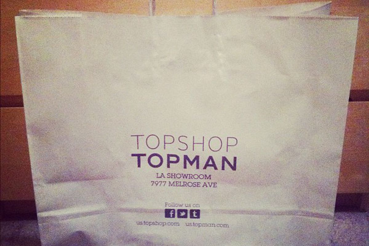 The official Topshop/Topman LA Showroom bags. Photo via Natalie Alcala/<a href="http://instagram.com/p/QVZAzKmMqn">Instagram</a>.