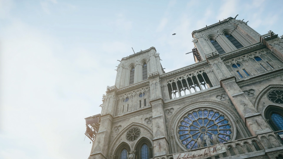 Looking up at the western facade of Notre-Dame in Assassin’s Creed Unity