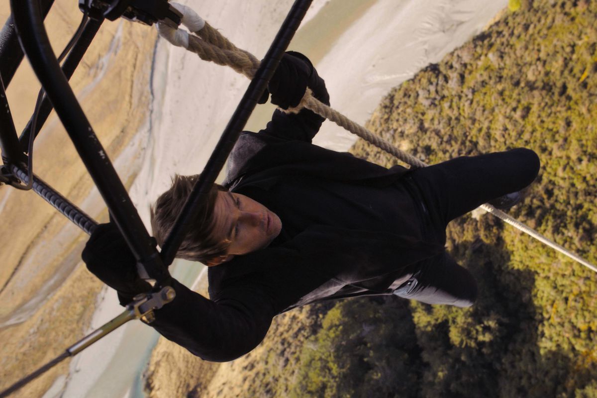 Tom Cruise in Mission: Impossible - Fallout riding a helicopter