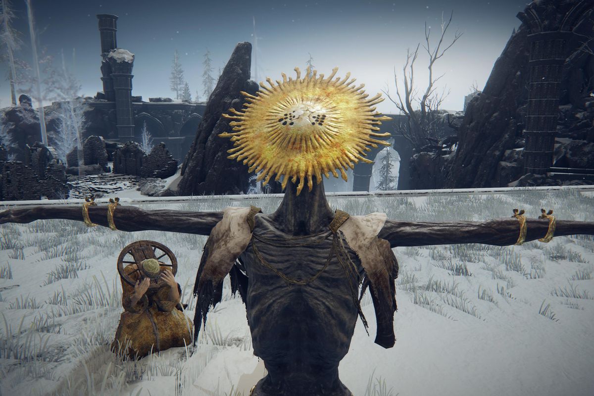 Elden Ring screenshot of Goldmask with Brother Corhyn kneeling in the background