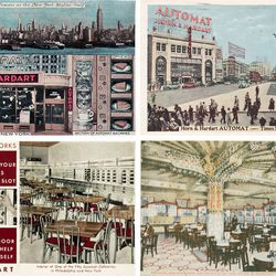 Here are postcards from New York's first and most beloved automat chain, <b>Horn & Hardart</b>.  The Times Square location opened in 1912, and by the middle of the century, there were over 50 branches spread out around the New York area.  All the machines