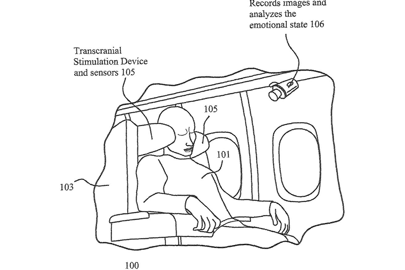 A simple line drawing of a person in an airplane seat with a camera pointed at their face and an electrode device around their head.