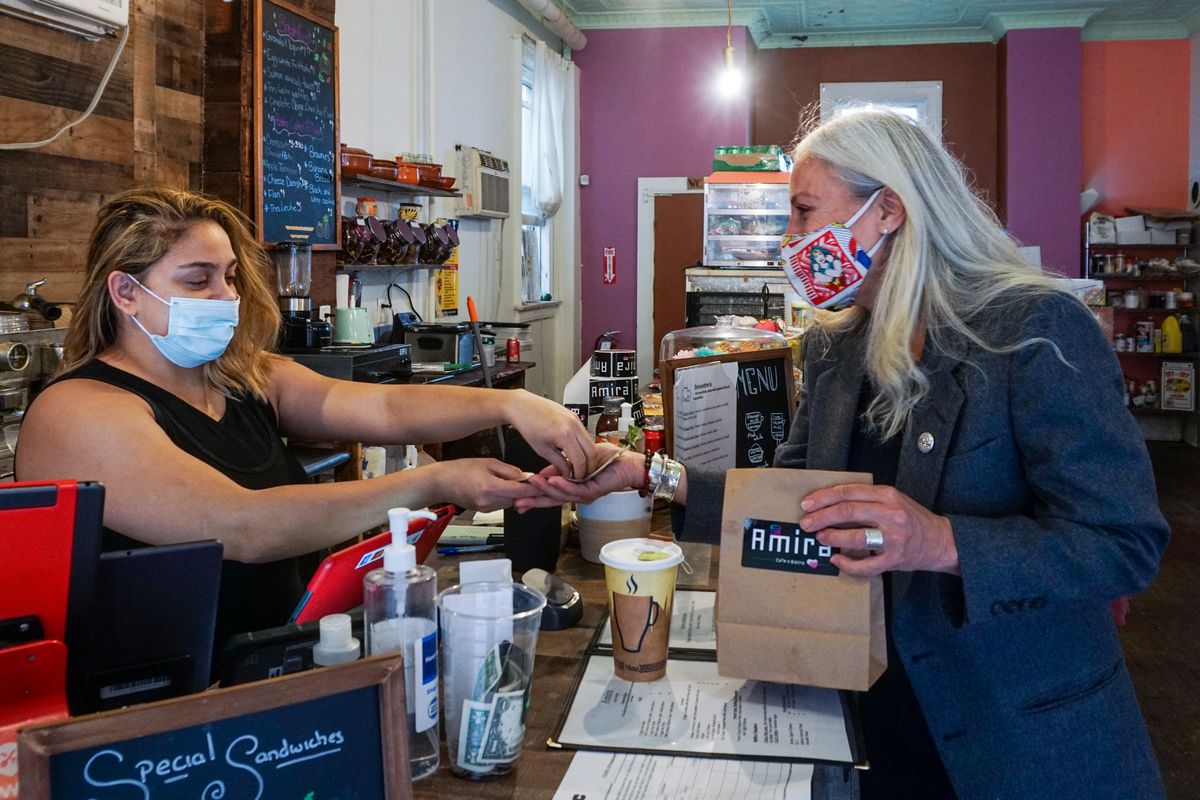 Lorie Honor, a Democrat and small business owner running for Staten Island Borough President, at a small business in the borough’s North Shore.
