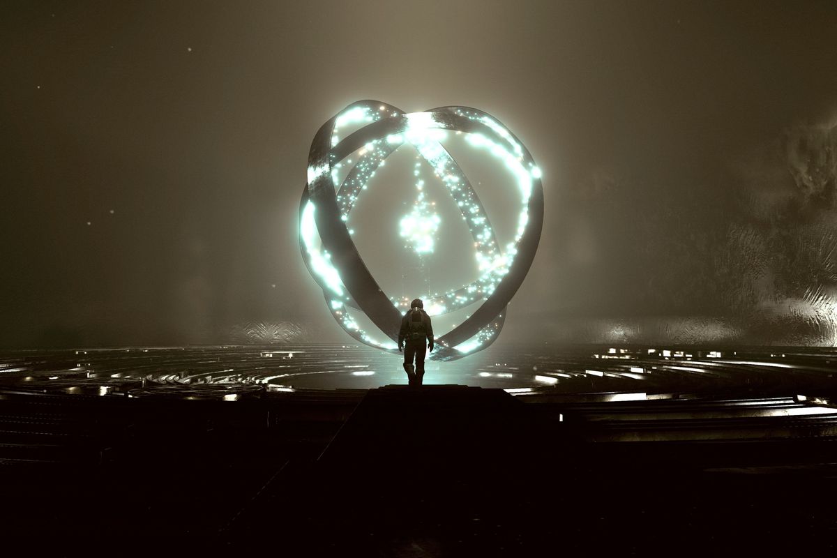 An explorer in Starfield approaches the glowing mass of gates that spin around a center of cosmic energy. This structure is built in a dimly lit temple, and the light strikes a silhouette of the player’s form.