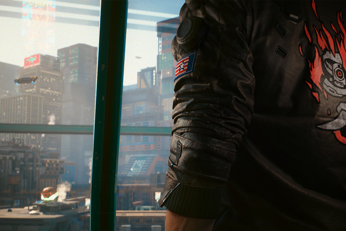 A view through windows over a neo-futuristic city skyline, with a character’s back wearing a leather jacket in the foreground