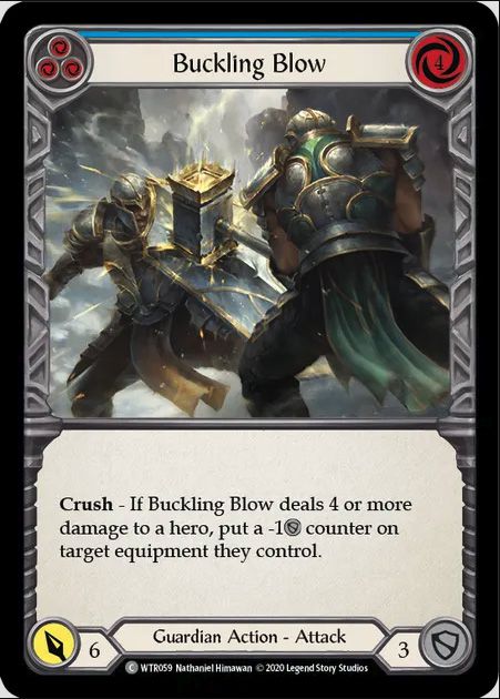 Buckling Blow has the crush ability, which deals with equipment damage.