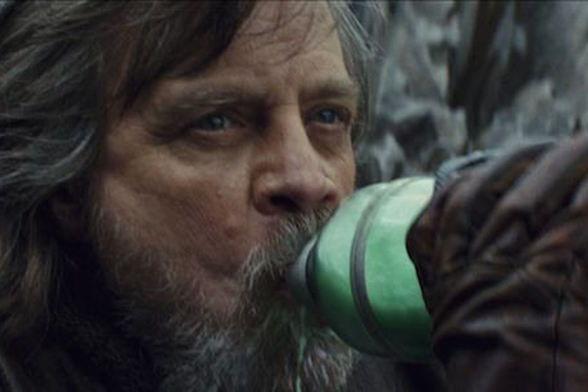 Luke Skywalker (Mark Hamill) drinks green milk from a bottle in "The Last Jedi."