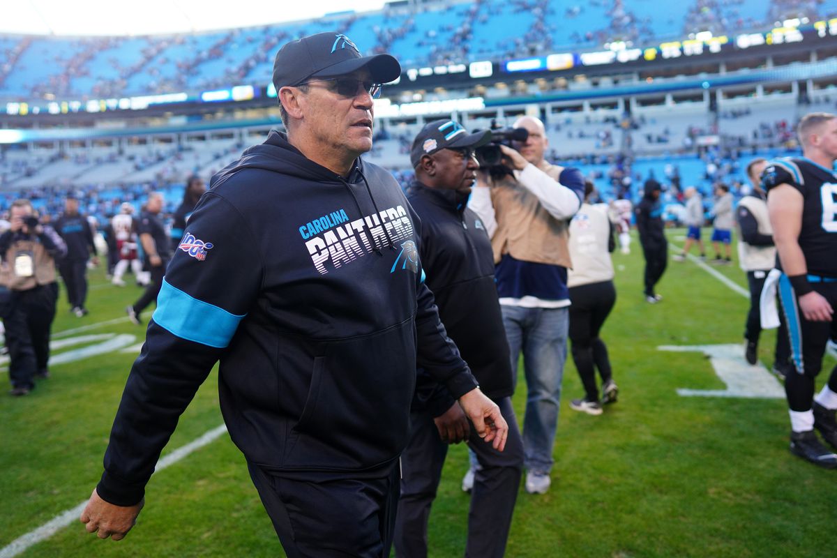 Head coach Ron Rivera of the Carolina Panthers walks off the field after their game against Washington at Bank of America Stadium on December 01, 2019 in Charlotte, North Carolina.
