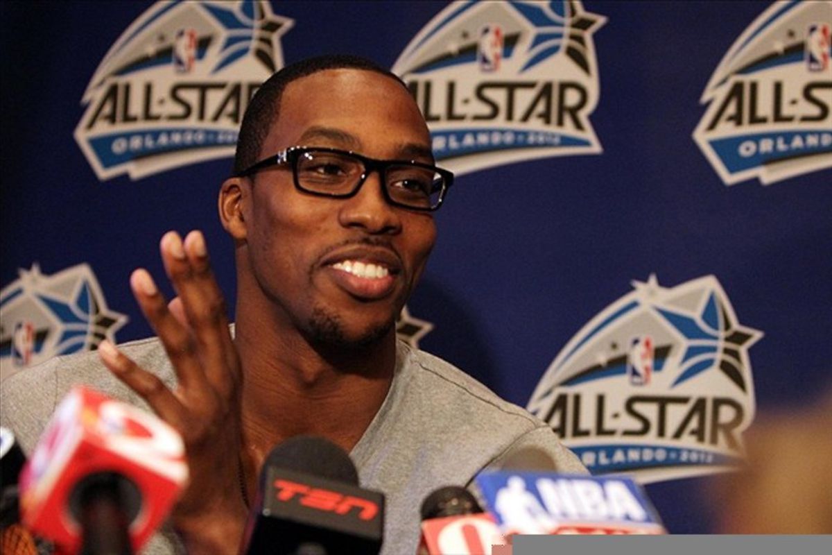February 24, 2012; Orlando FL, USA;  Eastern Conference center Dwight Howard (12) of the Orlando Magic during the East all-stars press conference at the Hilton Orlando. Mandatory Credit: Kim Klement-US PRESSWIRE