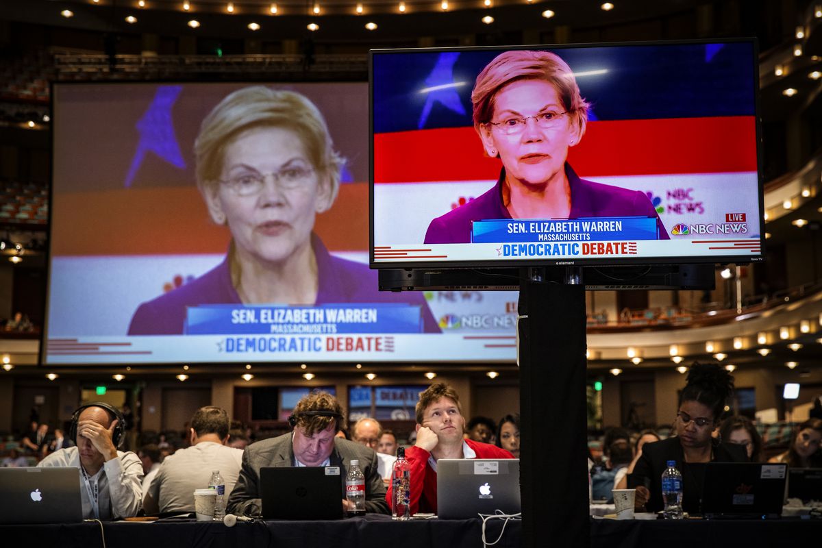 Democratic presidential candidate Sen. Elizabeth Warren (D-MA) is displayed on a monitor inside the press area during the first Democratic presidential primary debate held on June 26, 2019 in Miami, Florida.
