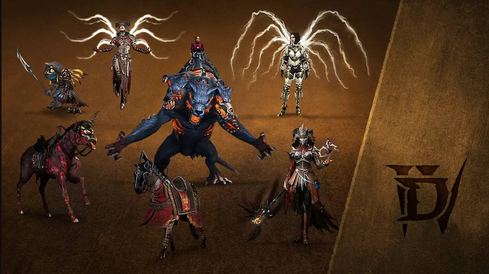 Stock images of the Wings of the Creator Emote, Temptation Mount, Hellborn Carapace Mount Armor, Inarius Wings, Inarius Murloc Pet, Amalgam of Rage Mount, and Umber Winged Darkness cosmetic items. 