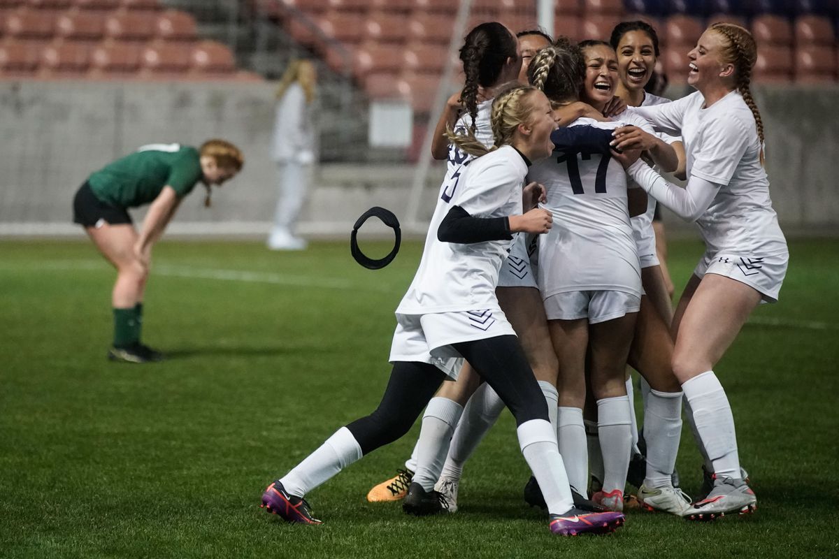 Waterford players celebrate their win against Rowland Hall High School compete in the 2A girls soccer state championship game on Saturday, Oct. 23, 2021 at Rio Tinto Stadium in Sandy.