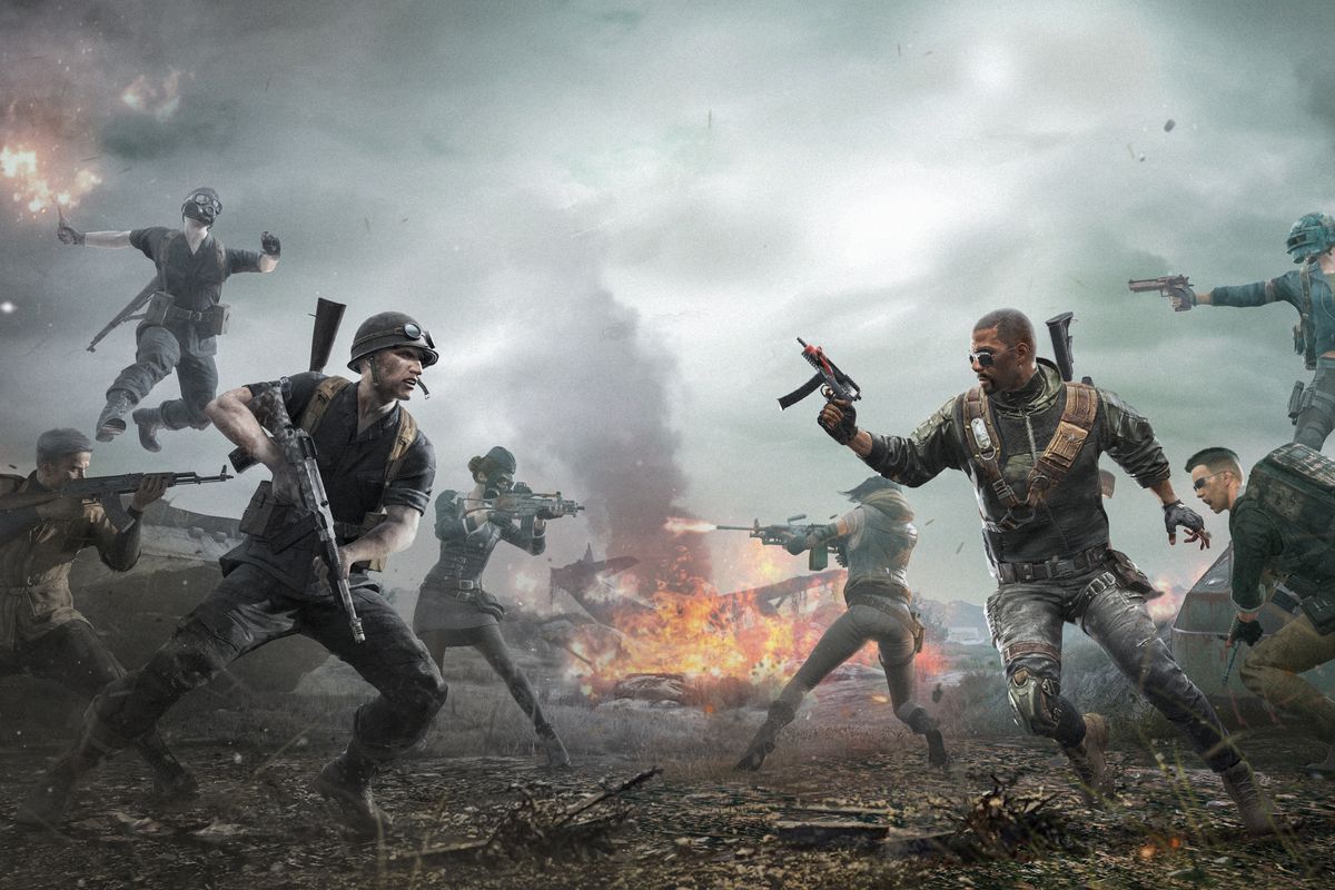 Soldiers on opposing sides face each other on a battlefield in artwork from PUBG of some of the jackets, skins, and cosmetics in the Aftermath battle pass