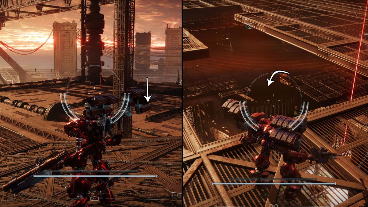 A mech navigates a giant industrial structure at sunset while looking for combat logs in Armored Core 6.