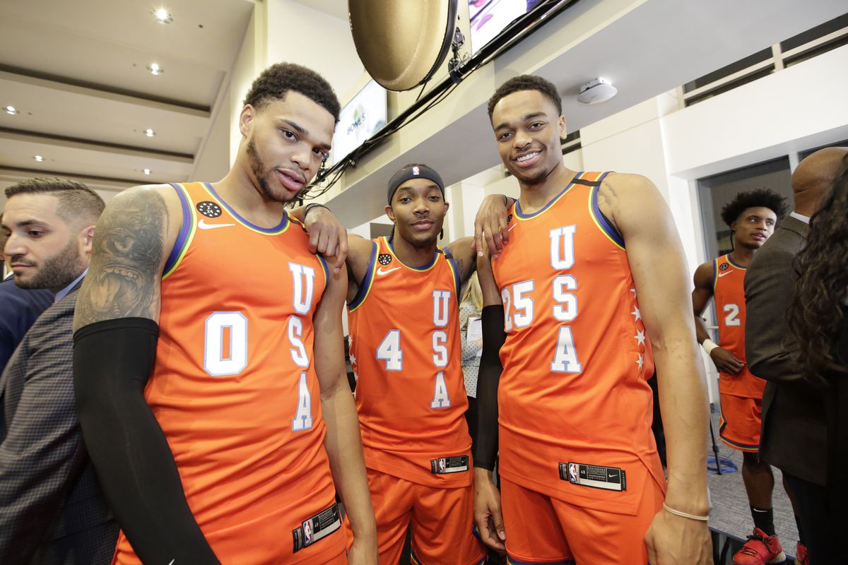Miles Bridges #0, Devonte’ Graham #4, and PJ Washington #25 of the Charlotte Hornets poses for a photo during the Rising Stars Team Photo &amp; Game BTS + Celebrity Coverage on Friday, February 14, 2020 at the United Center in Chicago, Illinois.&nbsp;
