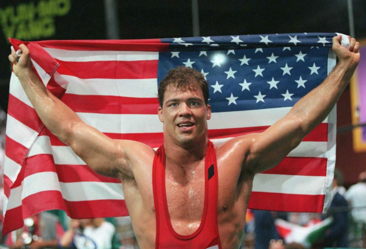 Kurt Angle of the US displays the national flag af