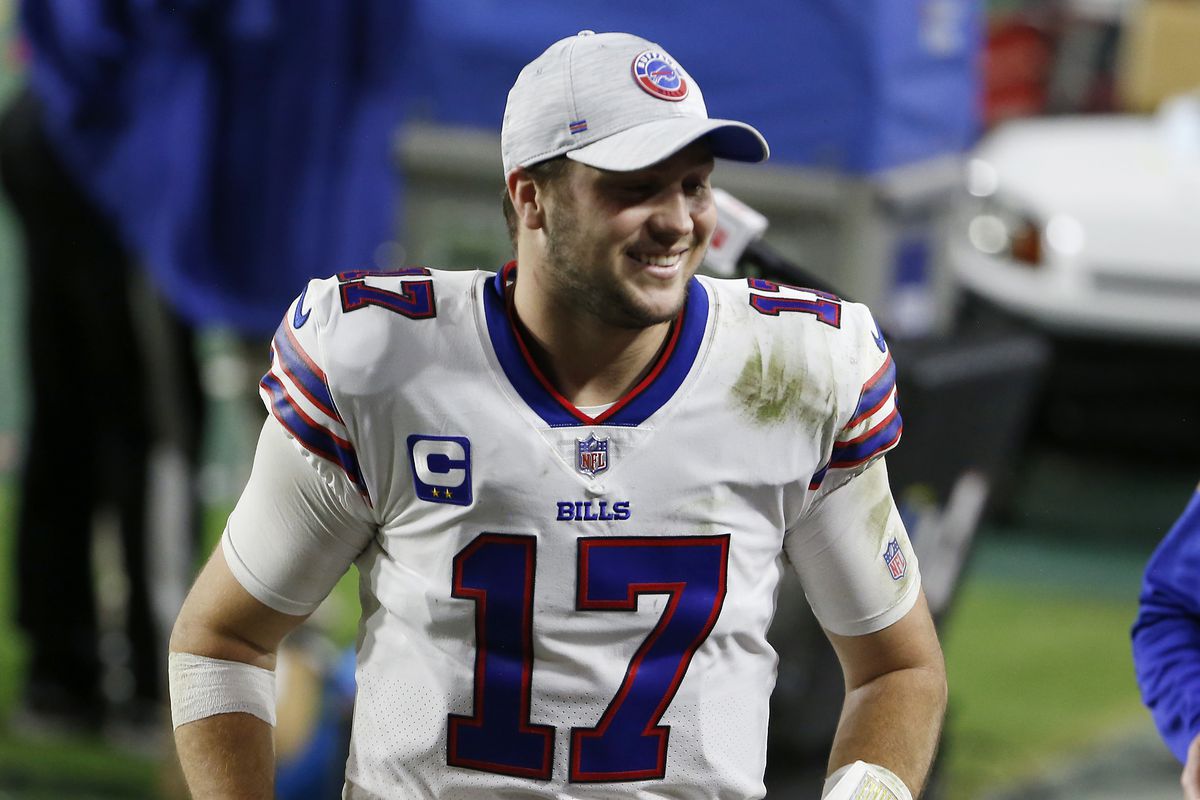 Quarterback Josh Allen #17 of the Buffalo Bills walks off the field following the NFL football game against the San Francisco 49ers at State Farm Stadium on December 07, 2020 in Glendale, Arizona.