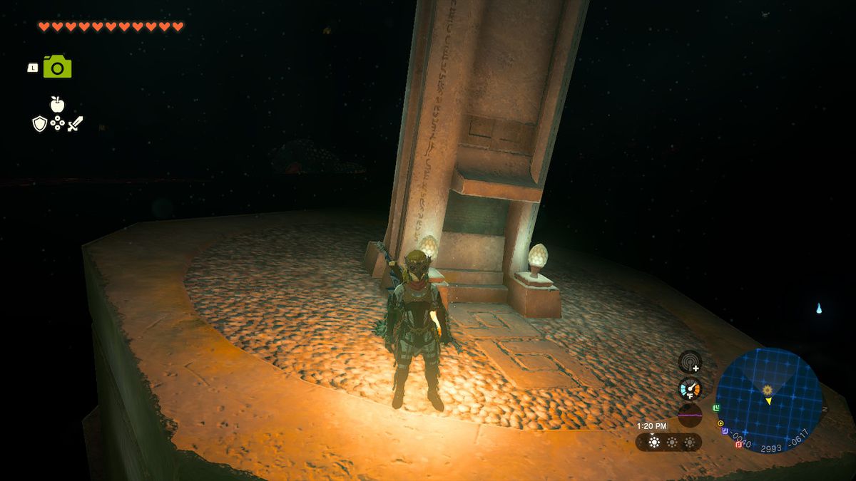 Link stands next to the stone tablet, which has fallen into the Depths in Zelda: Tears of the Kingdom