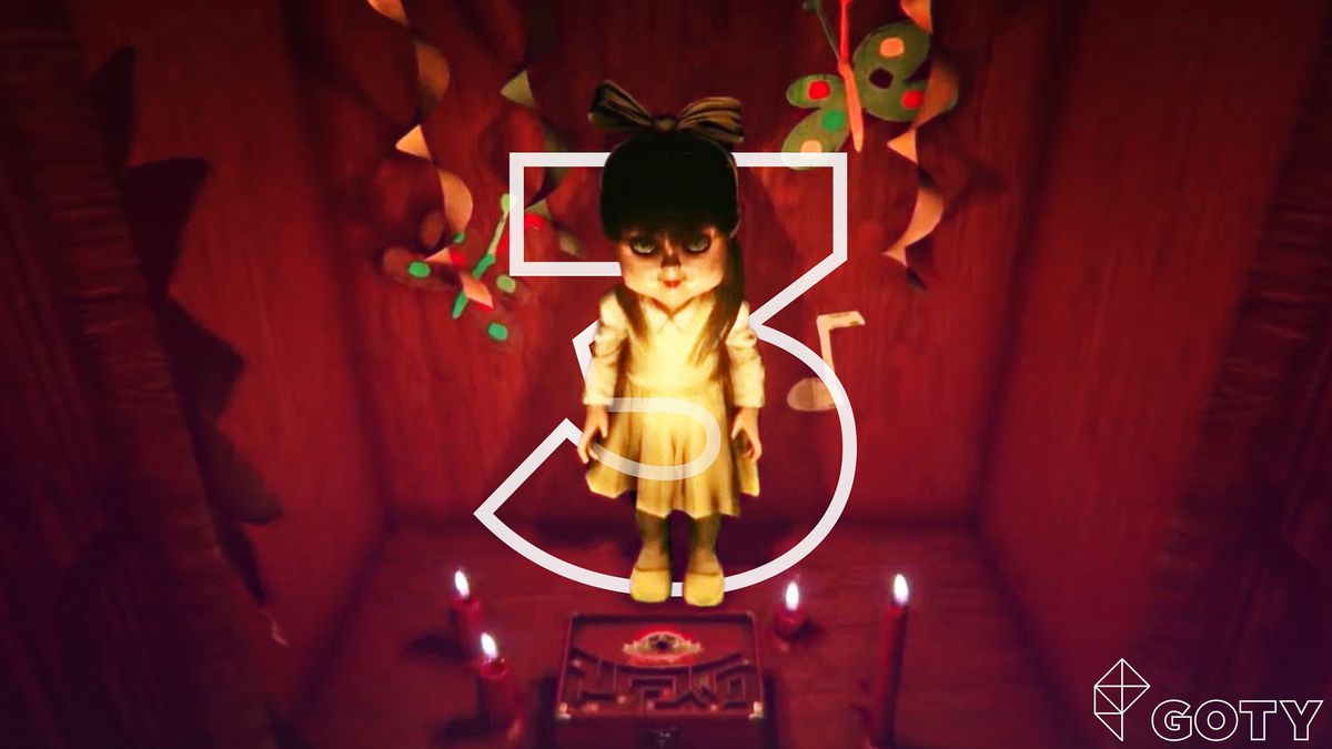 very creepy doll stands surrounded by four candles