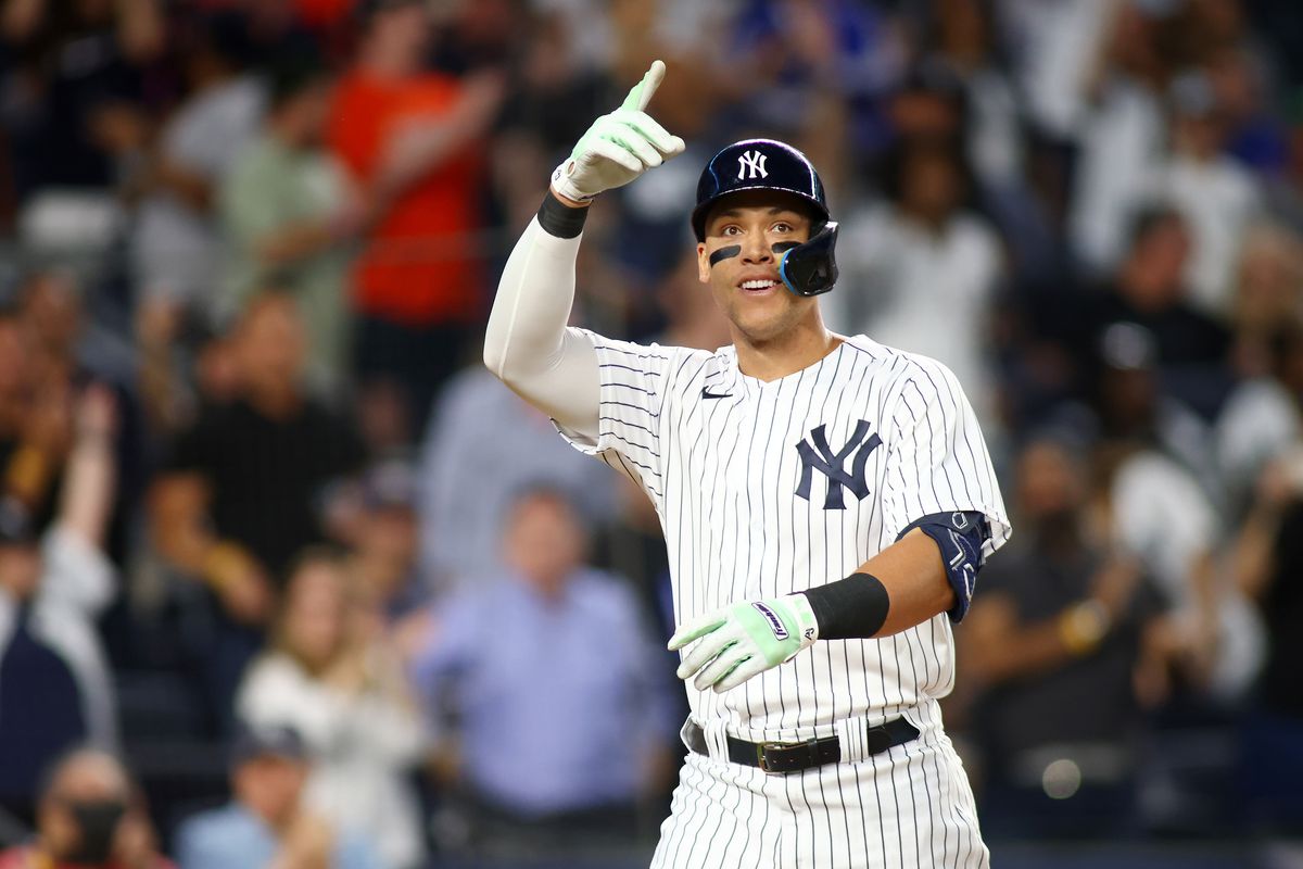 Aaron Judge #99 of the New York Yankees reacts after hitting his second home run of the game in the fifth inning against the Chicago Cubs at Yankee Stadium on June 11, 2022 in New York City.