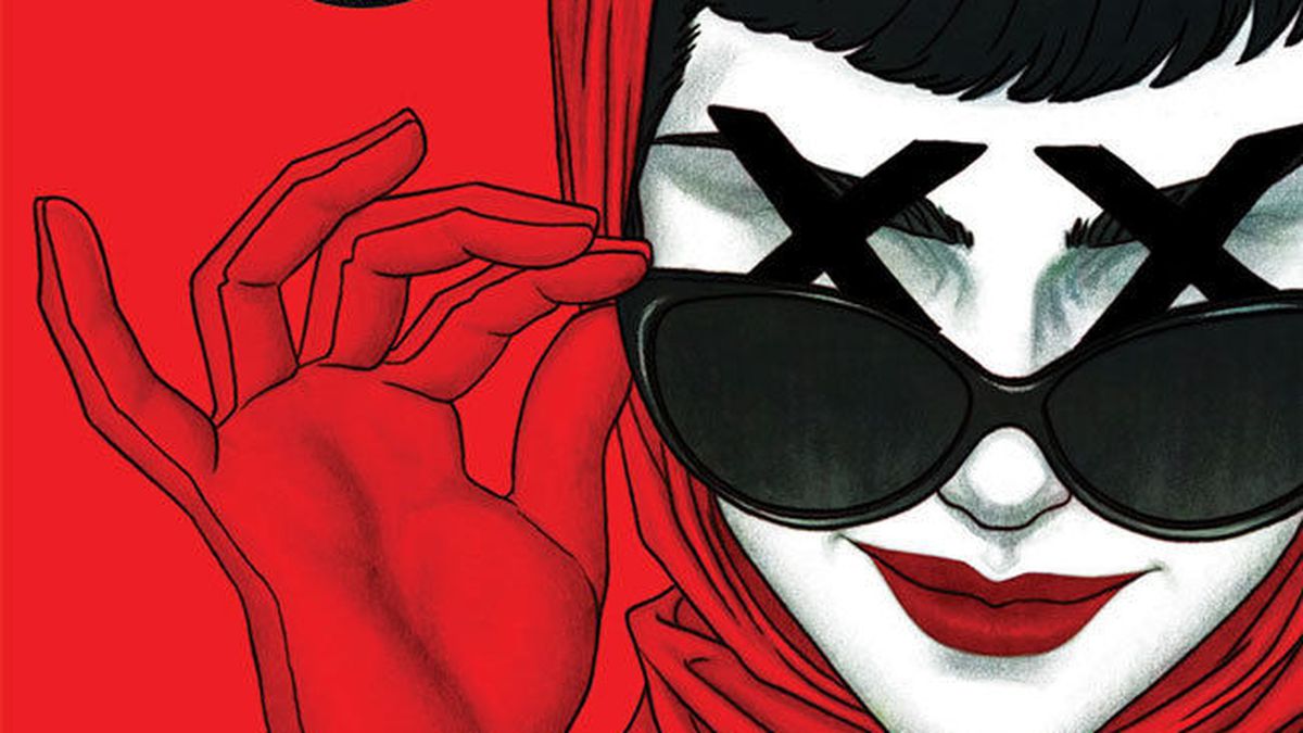 A woman in a fashionable red scarf and gloves pulls down her dark sunglasses, revealing there are just two black Xs where her eyes should be, in a variant cover for The Department of Truth #1, Image Comics (2020). 