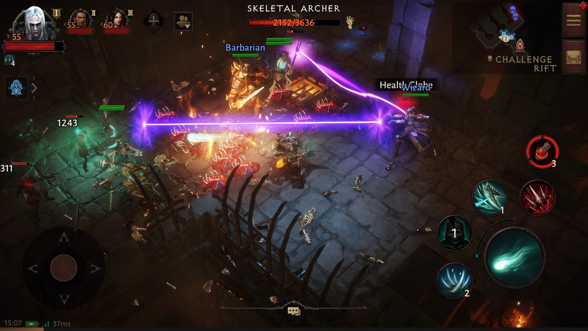 Three player characters in Diablo Immortal perform attacks together against skeleton enemies in one of the game’s dungeons