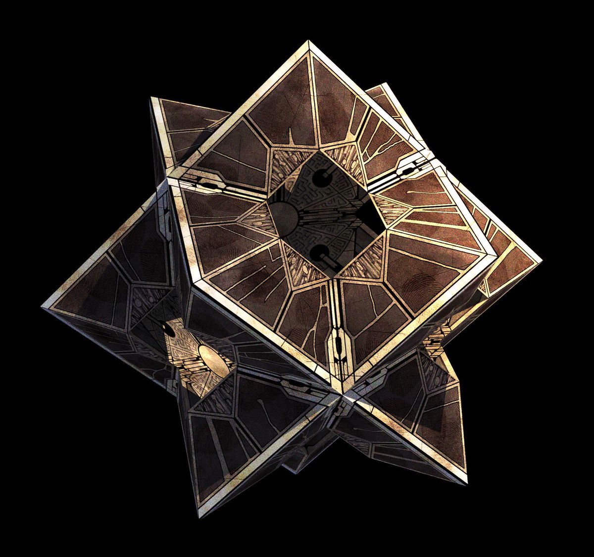 Concept art for an unused design for the puzzle box from Hellraiser (2022), a star-shaped three-dimensional box.