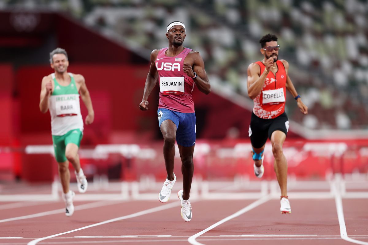 Rai Benjamin of Team United States competes in the Men’s 400m Hurdles Semi-Final on day nine of the Tokyo 2020 Olympic Games at Olympic Stadium on August 01, 2021 in Tokyo, Japan.
