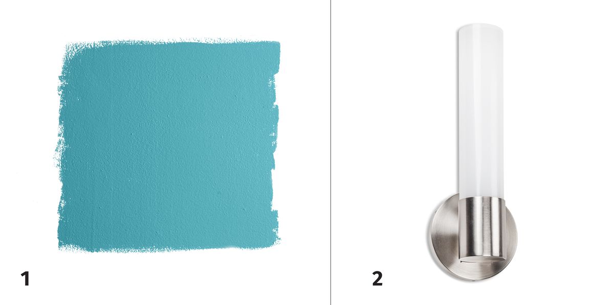 Summer 2021 Before &amp; After Bath, paint swatch, wall sconce