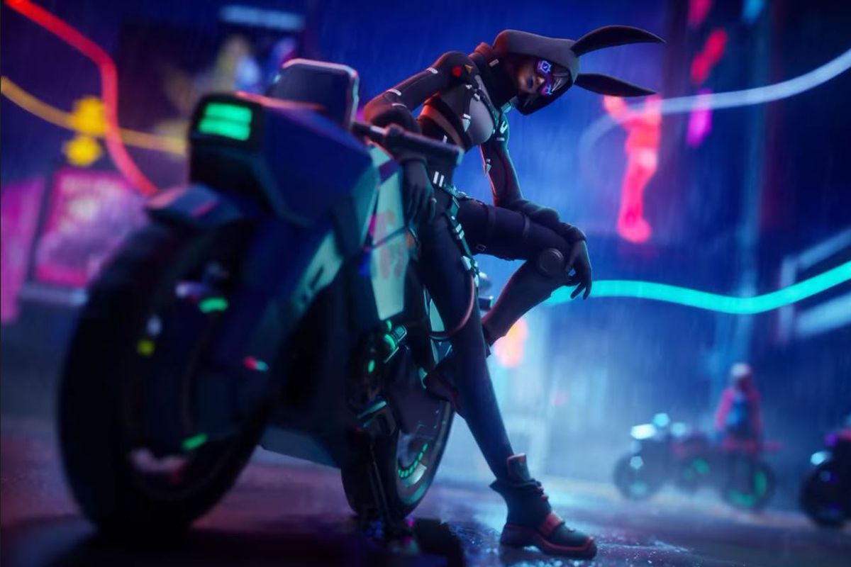 Bunny ear-wearing Fortnite character leaning against a motorbike with a neon-lit city behind