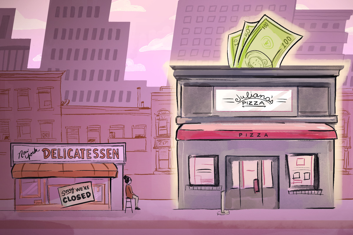 Illustration of two buildings: One small deli that’s out of the spotlight, and the other a bigger pizzeria place with dollar bills going into its roof like a piggy bank.