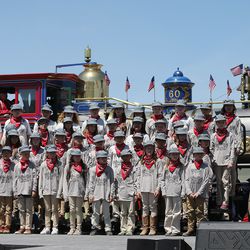 The Spike 150 Children's Choir waits to perform during the 150th anniversary celebration of the completion of the transcontinental railroad at the Golden Spike National Historical Park at Promontory Summit on Friday, May 10, 2019.