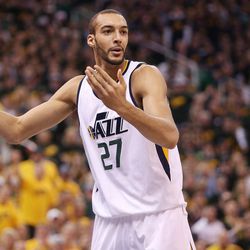 Utah Jazz center Rudy Gobert (27)  protests a call during the second round of the NBA playoffs and game 3 in Salt Lake City on Saturday, May 6, 2017. The Warriors won 102-91. 