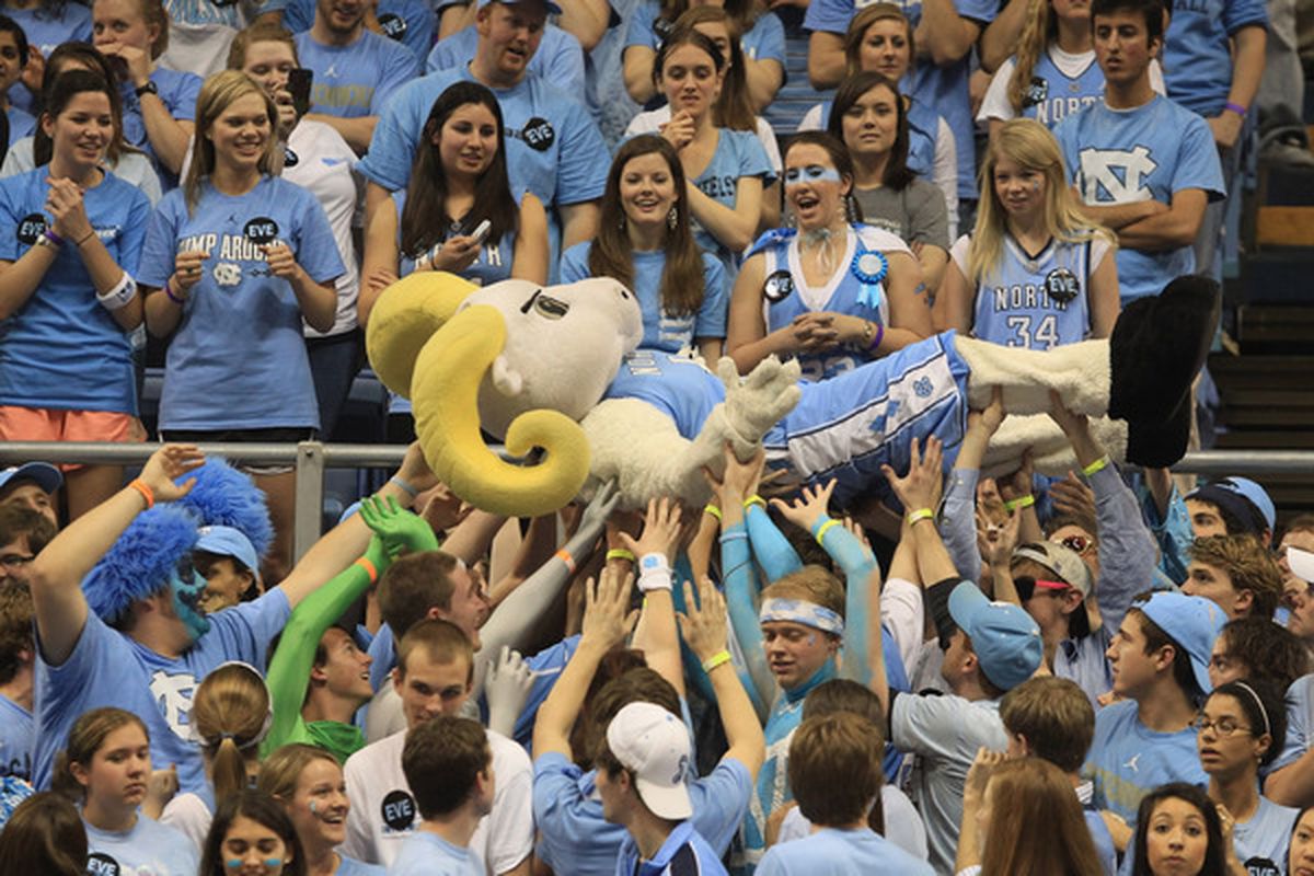 CHAPEL HILL, NC - MARCH 05:  The mascot of the North Carolina Tar Heels crowd surfs during their game against the Duke Blue Devils at the Dean E. Smith Center on March 5, 2011 in Chapel Hill, North Carolina.  (Photo by Streeter Lecka/Getty Images)
