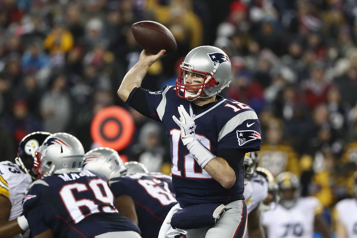 Tom Brady #12 of the New England Patriots throws a pass against the Pittsburgh Steelers in the AFC Championship Game at Gillette Stadium on January 22, 2017 in Foxboro, Massachusetts.