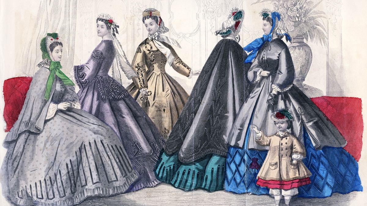 A fashion plate illustration from Godey's Lady's Book, 1863.
