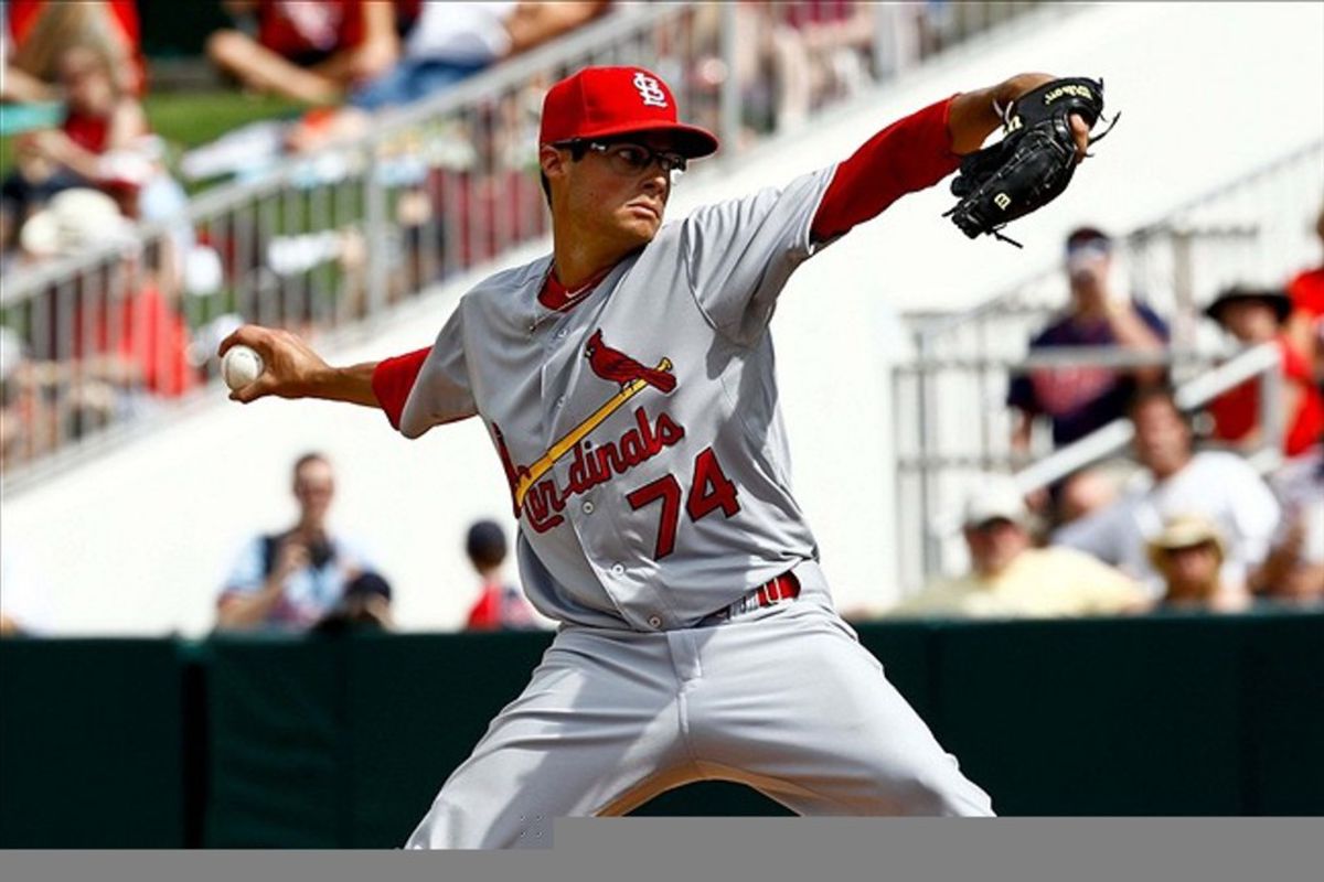 March 9, 2011; Ft. Myers, FL, USA; St. Louis Cardinals pitcher Joe Kelly (74) during the bottom of the fifth inning of a spring training game against the Minnesota Twins at Hammond Stadium. Mandatory Credit: Derick E. Hingle-US PRESSWIRE