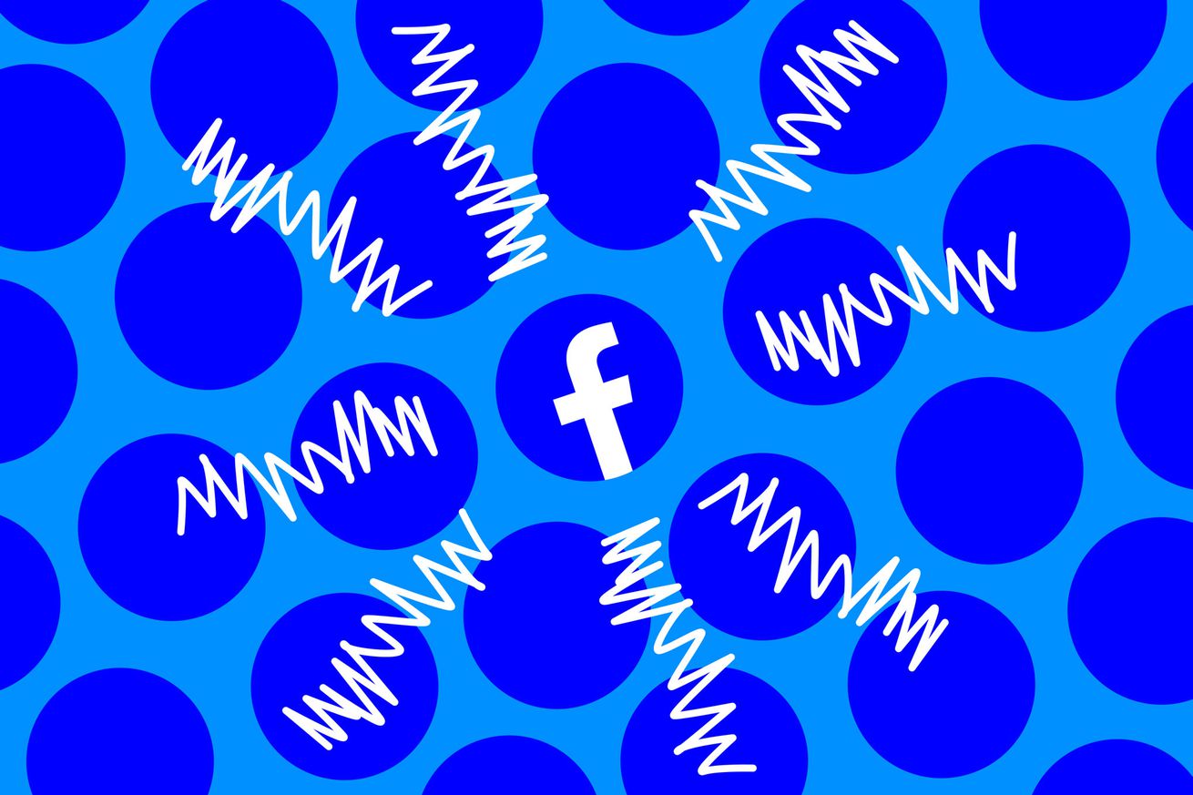 A Facebook logo surrounded by blue dots and white squiggles.