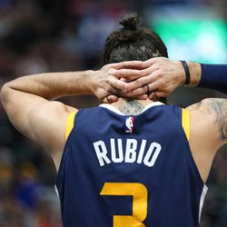 Utah Jazz guard Ricky Rubio (3) reacts after being charged with a foul during the game against the Atlanta Hawks at Vivint Smart Home Arena in Salt Lake City on Tuesday, March 20, 2018.