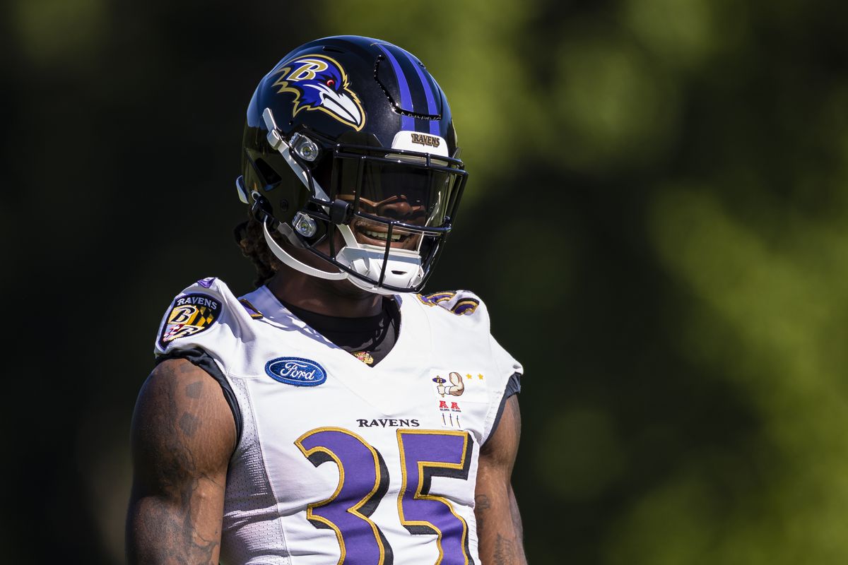 Gus Edwards #35 of the Baltimore Ravens works out during mandatory minicamp at Under Armour Performance Center on June 16, 2021 in Owings Mills, Maryland.