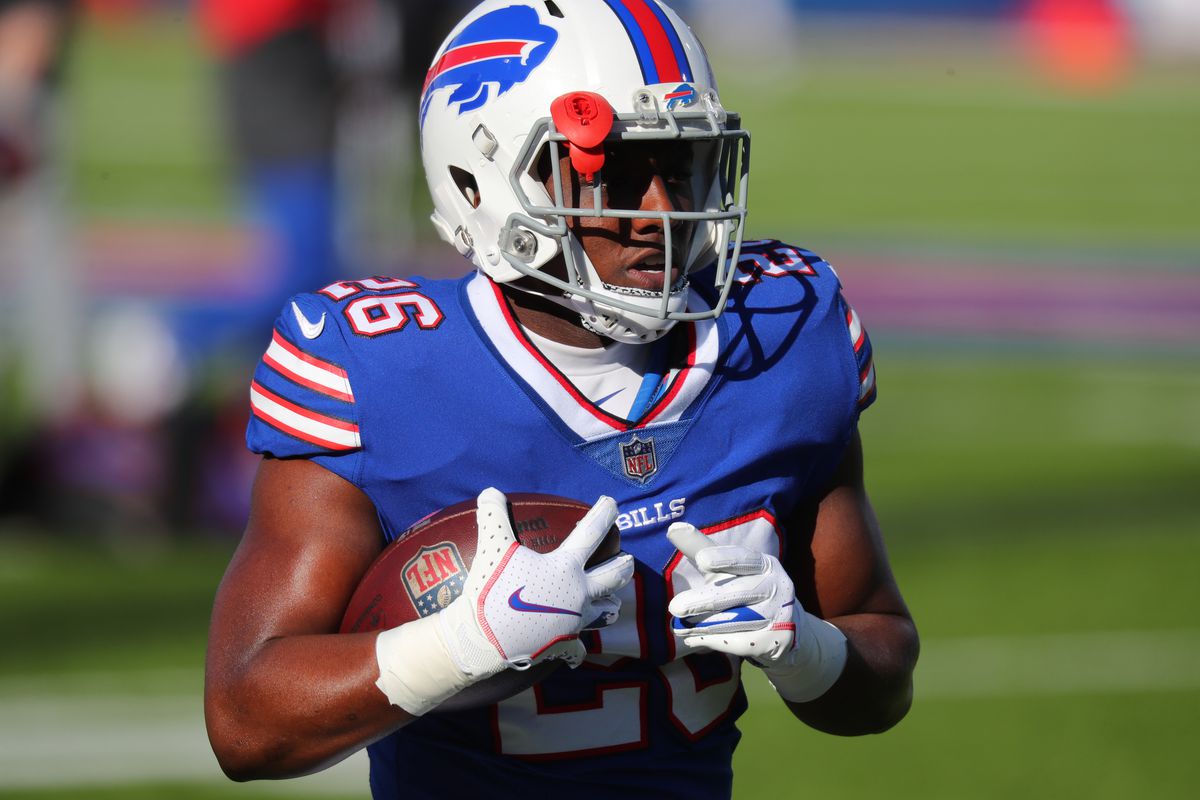 Devin Singletary #26 of the Buffalo Bills before a game against the Indianapolis Colts at Bills Stadium on January 9, 2021 in Orchard Park, New York.
