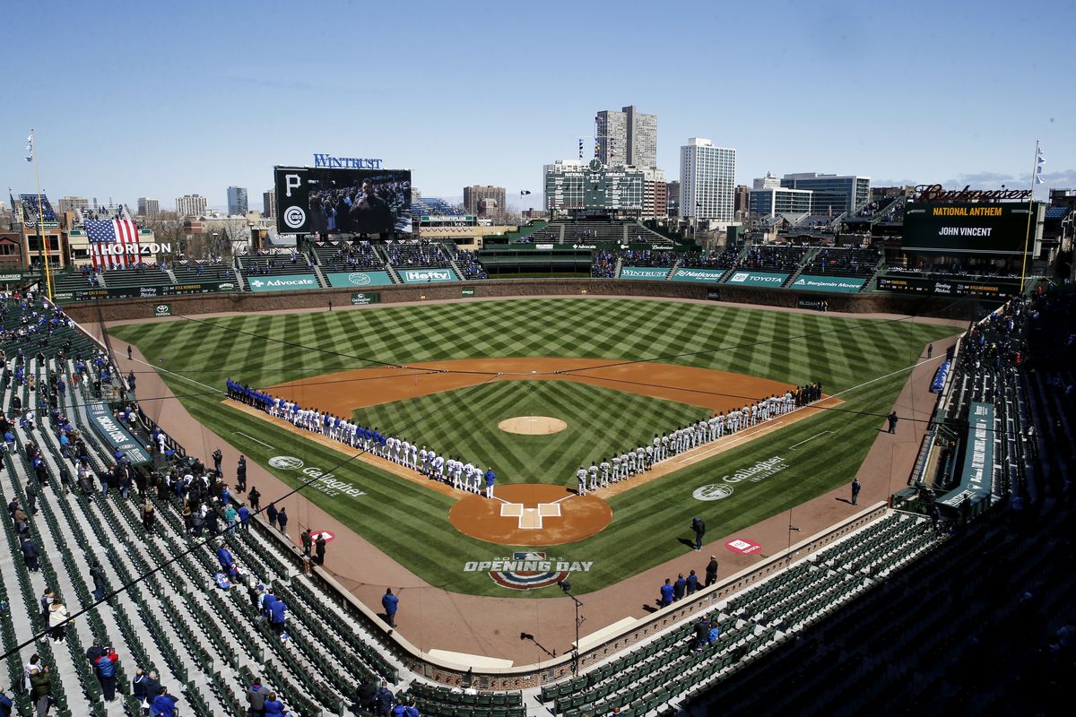 A general view of Wrigley Field during the pre-game ceremony prior to the game between the Pittsburgh Pirates and the Chicago Cubs at Wrigley Field on Thursday, April 1, 2021 in Chicago, Illinois.