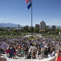 Hundreds of protesters rallied against the separation of immigrant children from their parents at the Capitol in Salt Lake City on Saturday, June 30, 2018.