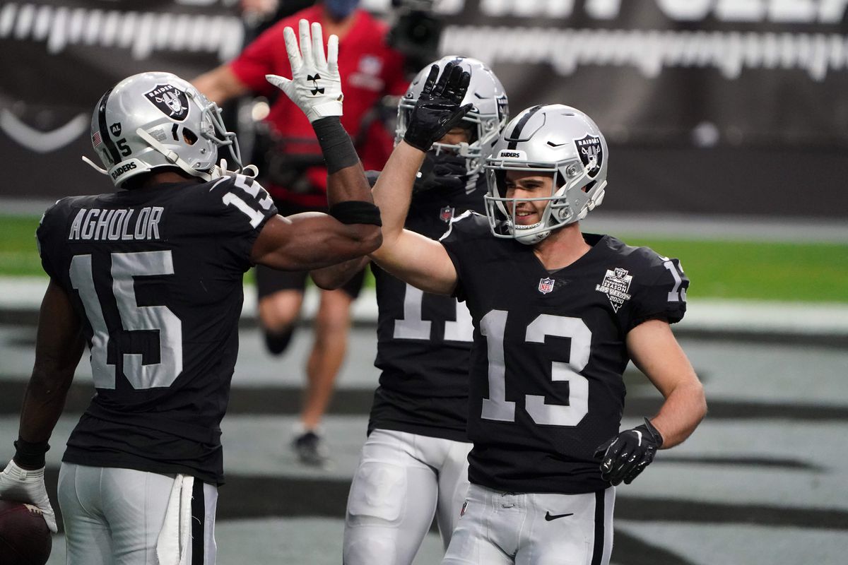 &nbsp;Las Vegas Raiders wide receiver Nelson Agholor (15) celebrates with wide receivers Hunter Renfrow (13) and Henry Ruggs III (11) after a touchdown catch the second quarter against the Indianapolis Colts at Allegiant Stadium.