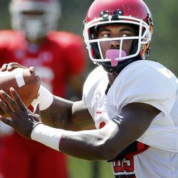 Troy Williams looks to pass during University of Utah football practice in Salt Lake City on Thursday, Aug. 10, 2017.